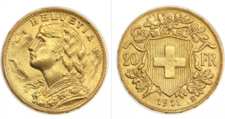 250 eur 20 Francos 1911 Suiza Oro 900 6,45 gr